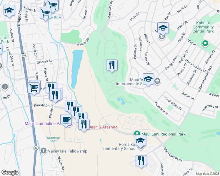 map of restaurants, bars, coffee shops, grocery stores, and more near 127 Kamaiki Circle in Kahului