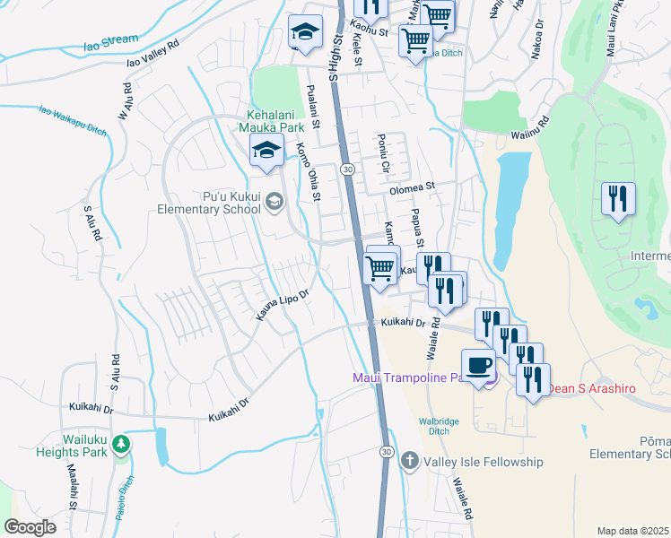map of restaurants, bars, coffee shops, grocery stores, and more near 10 Nanakula Place in Wailuku