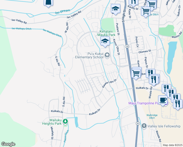 map of restaurants, bars, coffee shops, grocery stores, and more near 11 Palaa Place in Wailuku