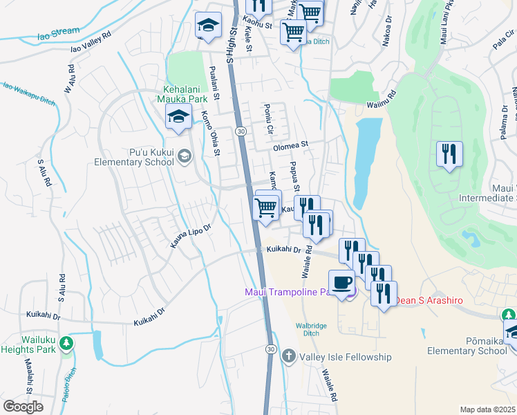 map of restaurants, bars, coffee shops, grocery stores, and more near 36 Emoloa Place in Wailuku