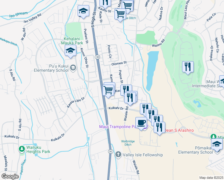 map of restaurants, bars, coffee shops, grocery stores, and more near 45 Palekaiko Place in Wailuku