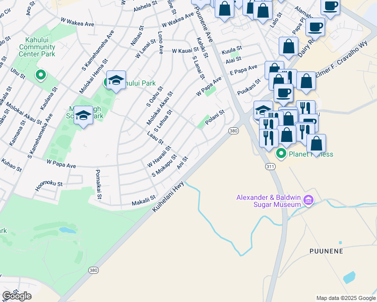 map of restaurants, bars, coffee shops, grocery stores, and more near 206 Ani Street in Kahului