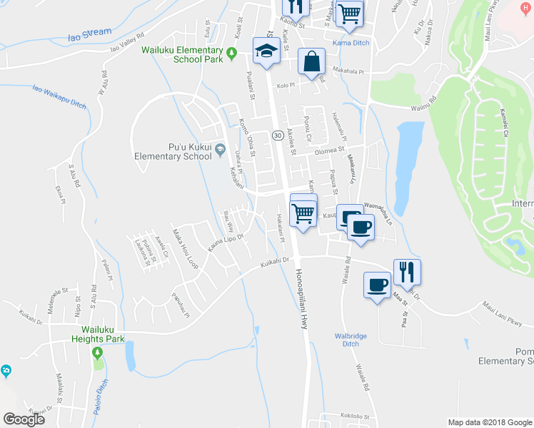 map of restaurants, bars, coffee shops, grocery stores, and more near 10 Nanakula Place in Wailuku