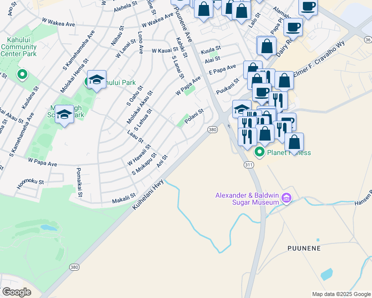 map of restaurants, bars, coffee shops, grocery stores, and more near 722 Hina Avenue in Kahului