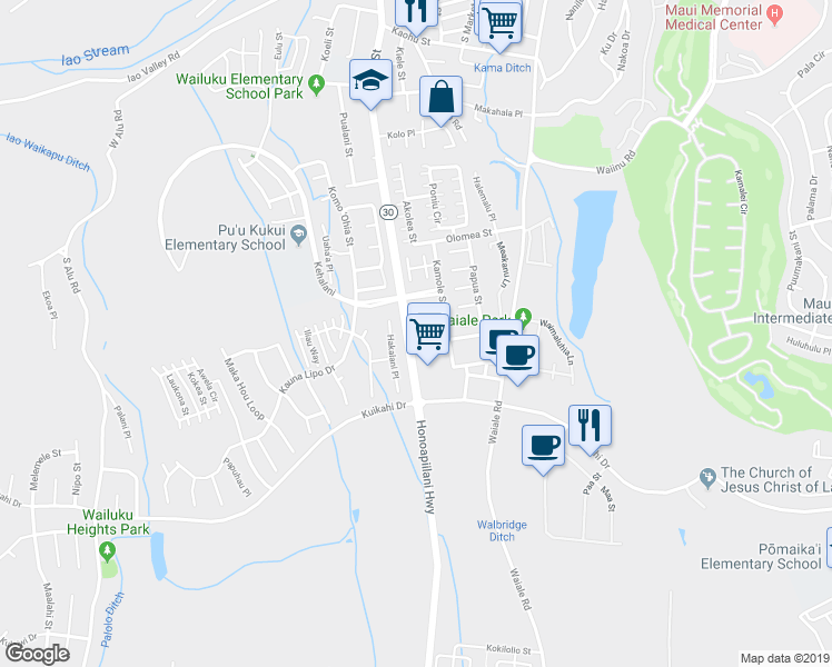 map of restaurants, bars, coffee shops, grocery stores, and more near 36 Emoloa Place in Wailuku