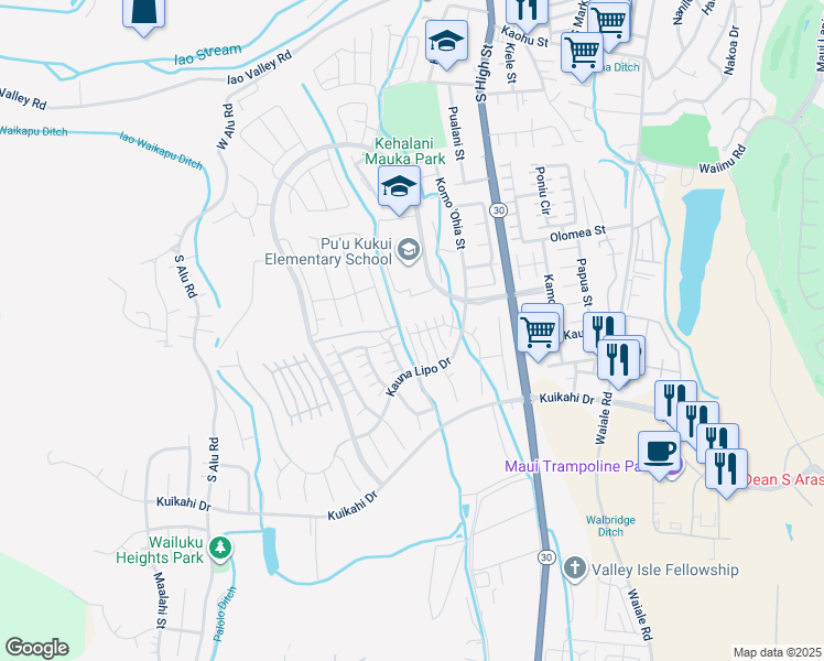 map of restaurants, bars, coffee shops, grocery stores, and more near 45 Kuaiwa Way in Wailuku
