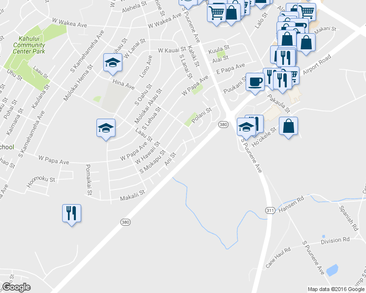 map of restaurants, bars, coffee shops, grocery stores, and more near 185 Ani Street in Kahului