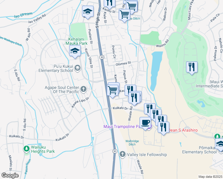 map of restaurants, bars, coffee shops, grocery stores, and more near 35 Emoloa Place in Wailuku