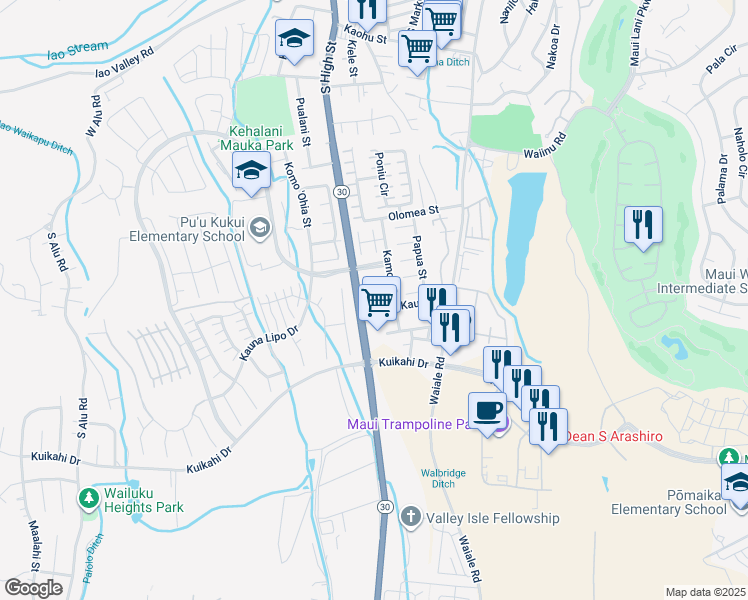 map of restaurants, bars, coffee shops, grocery stores, and more near 35 Emoloa Place in Wailuku