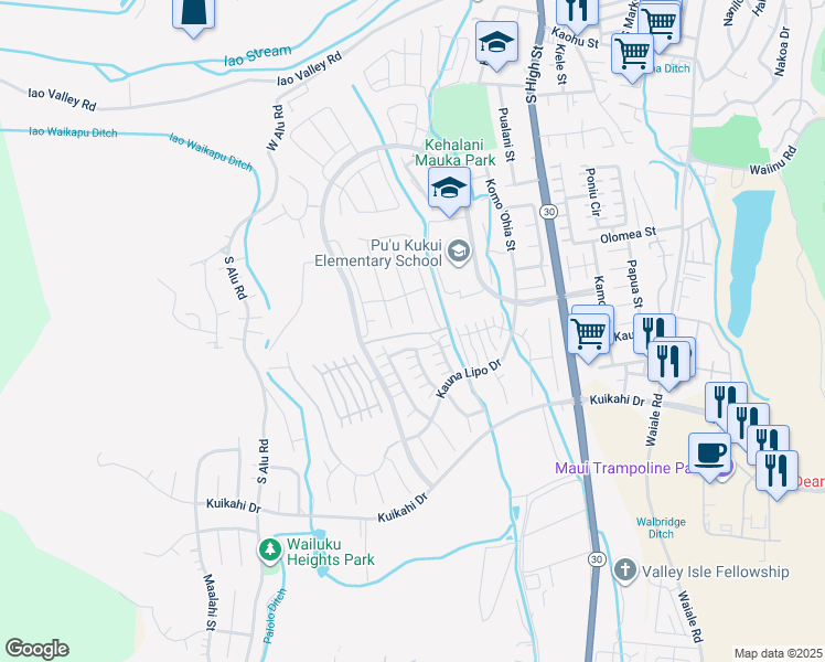 map of restaurants, bars, coffee shops, grocery stores, and more near 158 Maka Hou Loop in Wailuku