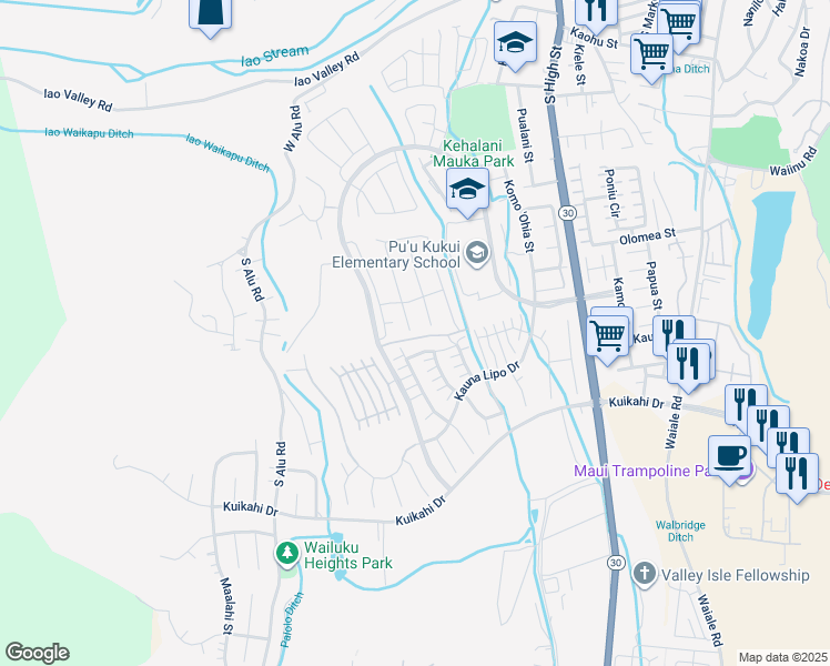 map of restaurants, bars, coffee shops, grocery stores, and more near 10 Palaa Place in Wailuku