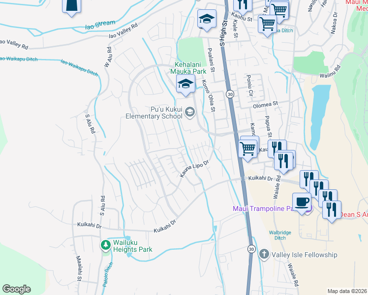 map of restaurants, bars, coffee shops, grocery stores, and more near 90 Maka Hou Loop in Wailuku