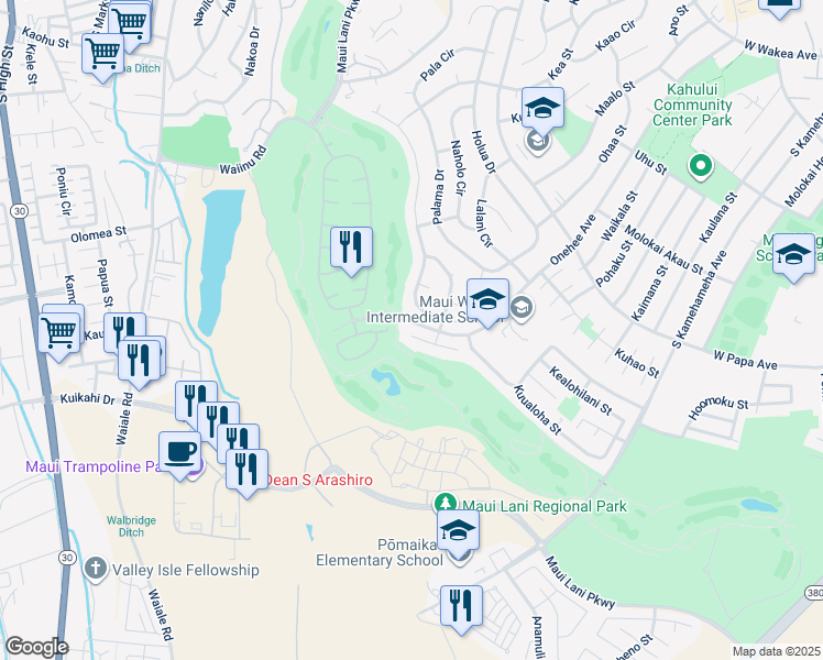 map of restaurants, bars, coffee shops, grocery stores, and more near 72 Huluhulu Place in Kahului