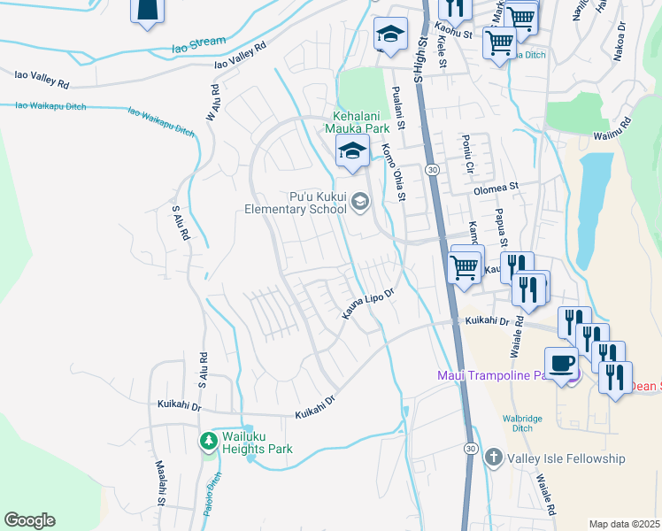 map of restaurants, bars, coffee shops, grocery stores, and more near 143 Nanu Place in Wailuku
