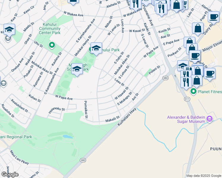 map of restaurants, bars, coffee shops, grocery stores, and more near 331 South Lehua Street in Kahului
