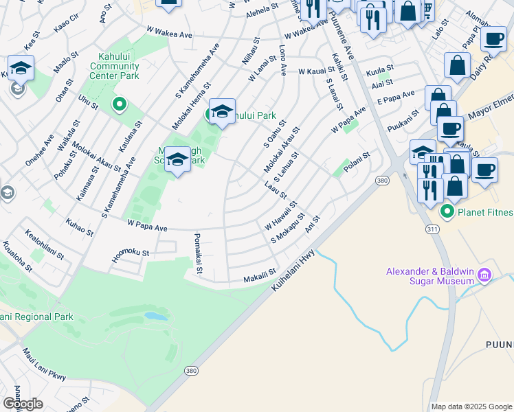 map of restaurants, bars, coffee shops, grocery stores, and more near 331 South Lehua Street in Kahului