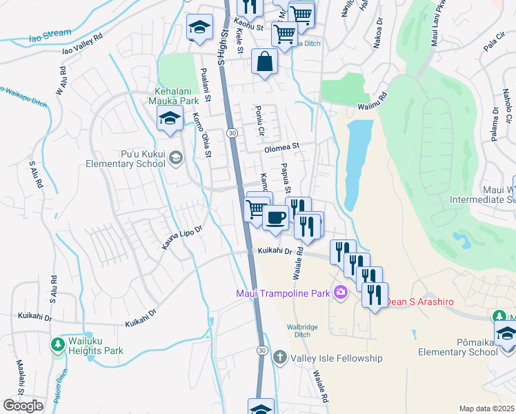 map of restaurants, bars, coffee shops, grocery stores, and more near 36 Palekaiko Place in Wailuku