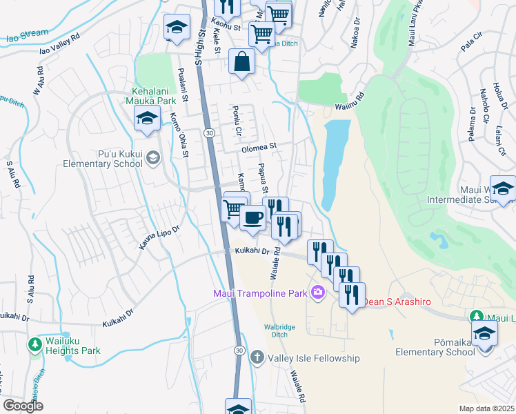 map of restaurants, bars, coffee shops, grocery stores, and more near 1891 Koae Place in Wailuku