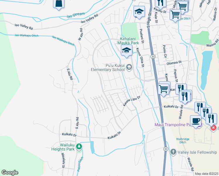 map of restaurants, bars, coffee shops, grocery stores, and more near 17 Palaa Place in Wailuku