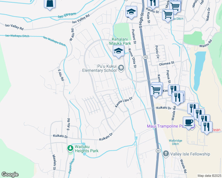 map of restaurants, bars, coffee shops, grocery stores, and more near 143 Nanu Place in Wailuku