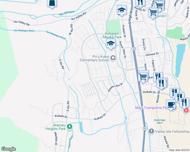map of restaurants, bars, coffee shops, grocery stores, and more near 17 Palaa Place in Wailuku