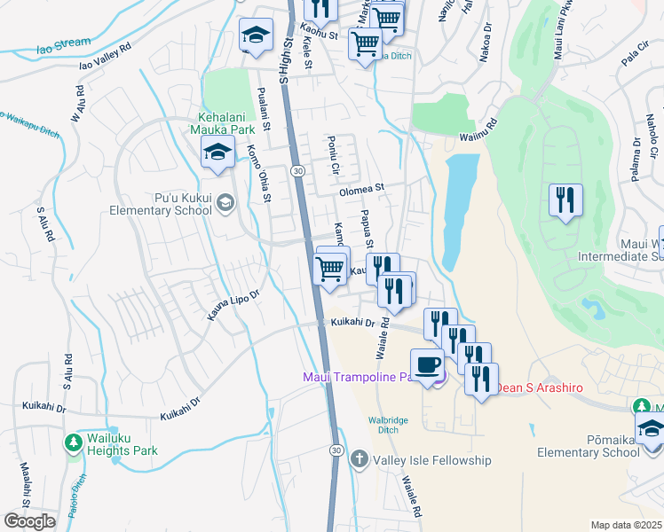 map of restaurants, bars, coffee shops, grocery stores, and more near 36 Palekaiko Place in Wailuku