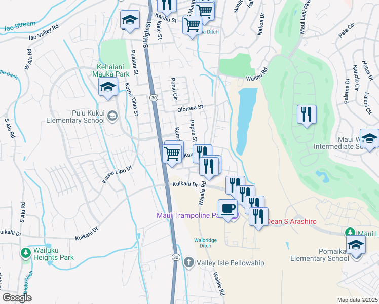 map of restaurants, bars, coffee shops, grocery stores, and more near 1891 Koae Place in Wailuku