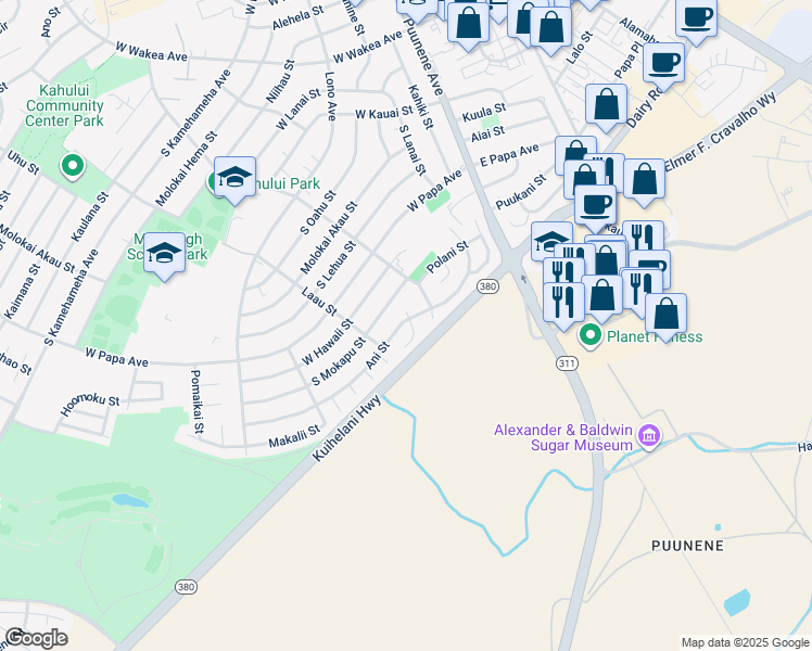 map of restaurants, bars, coffee shops, grocery stores, and more near 185 Ani Street in Kahului