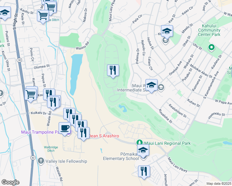 map of restaurants, bars, coffee shops, grocery stores, and more near 11 Kamaiki Circle in Kahului