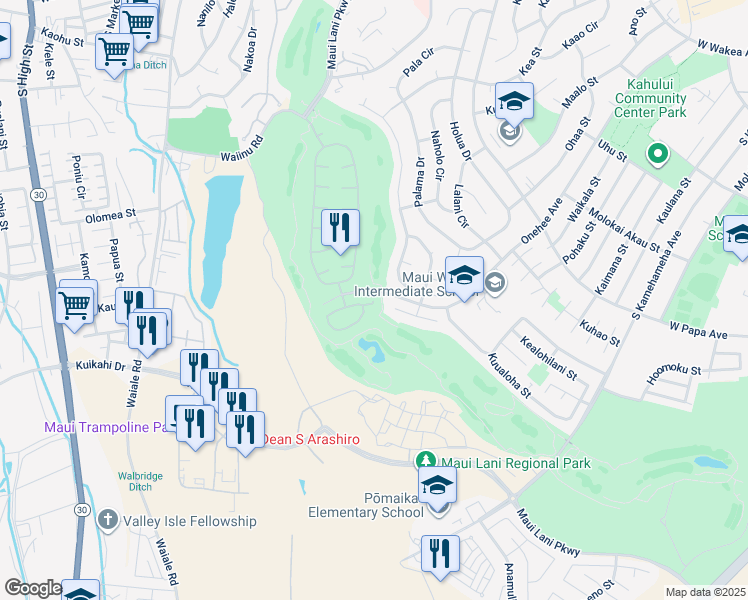 map of restaurants, bars, coffee shops, grocery stores, and more near 33 Kamaiki Circle in Kahului