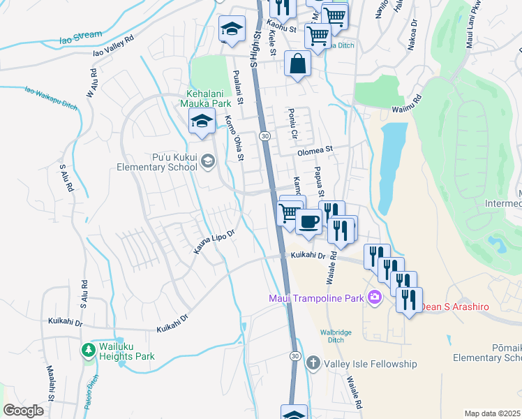 map of restaurants, bars, coffee shops, grocery stores, and more near 24 Hakalani Place in Wailuku