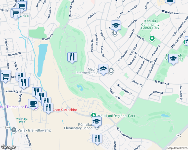 map of restaurants, bars, coffee shops, grocery stores, and more near 296 Puumakani Place in Kahului