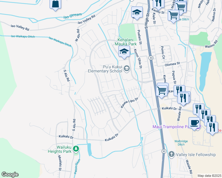 map of restaurants, bars, coffee shops, grocery stores, and more near 16 Palaa Place in Wailuku