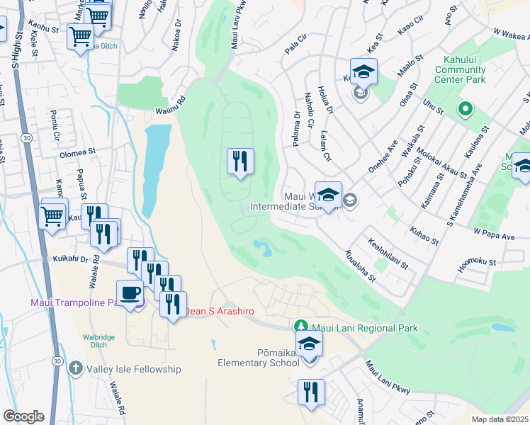 map of restaurants, bars, coffee shops, grocery stores, and more near 33 Kamaiki Circle in Kahului