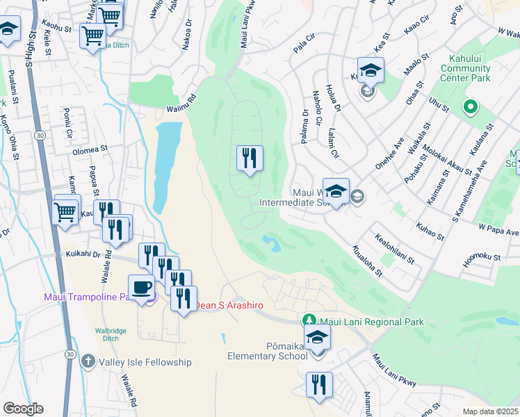 map of restaurants, bars, coffee shops, grocery stores, and more near 15 Kamaiki Circle in Kahului