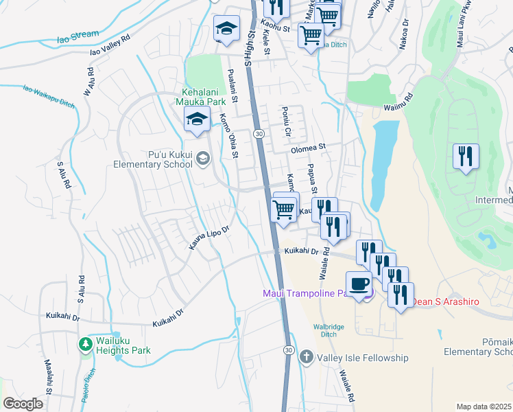 map of restaurants, bars, coffee shops, grocery stores, and more near 24 Hakalani Place in Wailuku