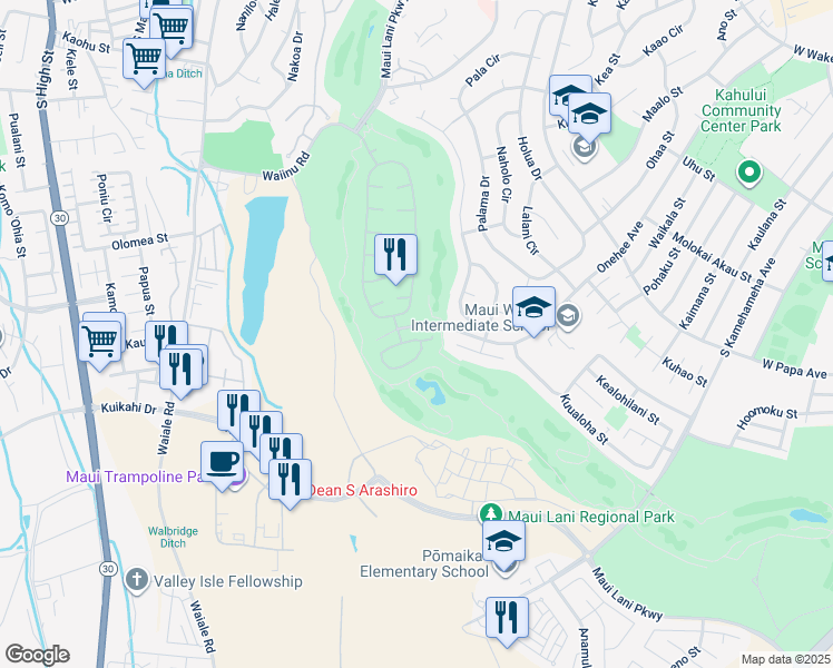 map of restaurants, bars, coffee shops, grocery stores, and more near 21 Kamaiki Circle in Kahului