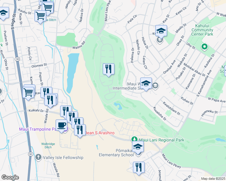 map of restaurants, bars, coffee shops, grocery stores, and more near 21 Kamaiki Circle in Kahului