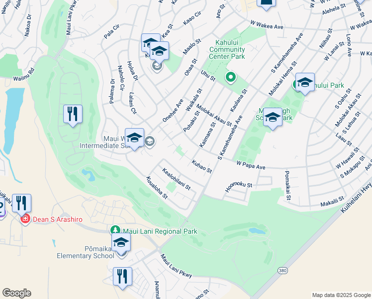 map of restaurants, bars, coffee shops, grocery stores, and more near 646 Huali Way in Kahului