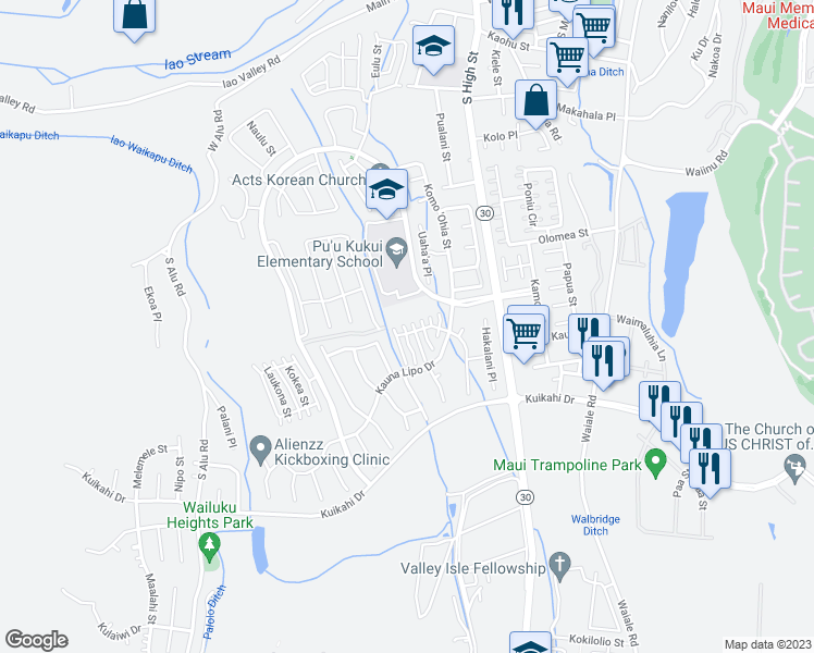 map of restaurants, bars, coffee shops, grocery stores, and more near 13 Iliau Way in Wailuku