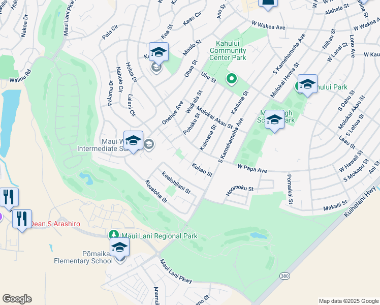 map of restaurants, bars, coffee shops, grocery stores, and more near 641 Huali Way in Kahului