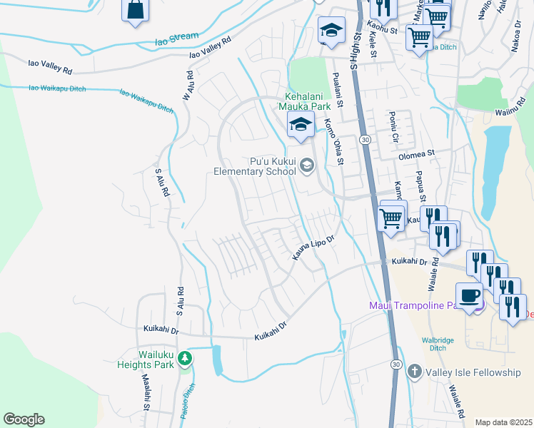 map of restaurants, bars, coffee shops, grocery stores, and more near 16 Palaa Place in Wailuku