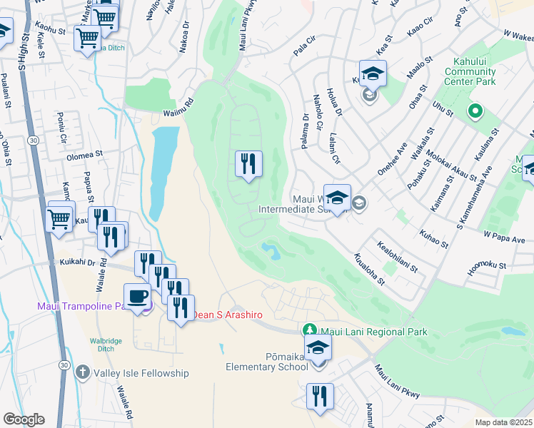 map of restaurants, bars, coffee shops, grocery stores, and more near 29 Kamaiki Circle in Kahului