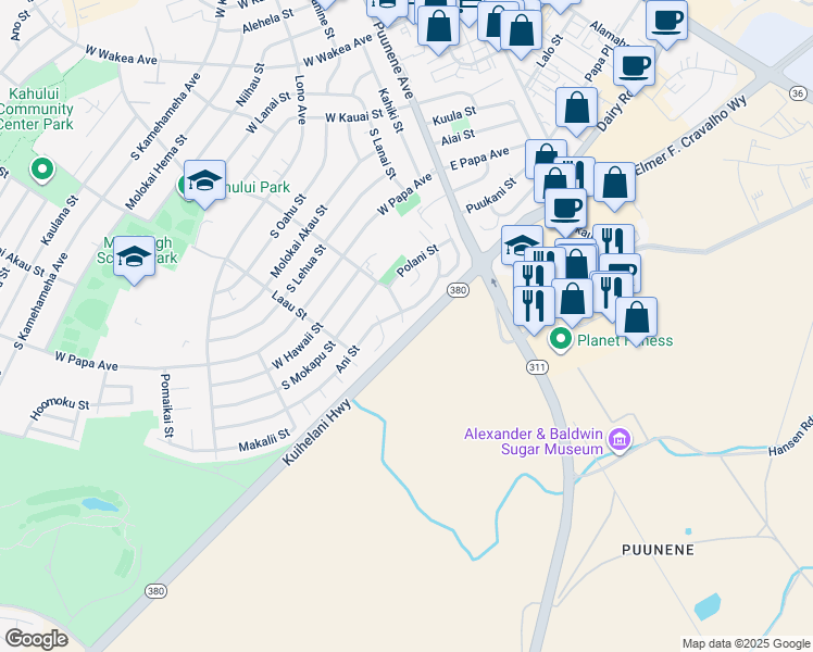 map of restaurants, bars, coffee shops, grocery stores, and more near 719 Hina Avenue in Kahului