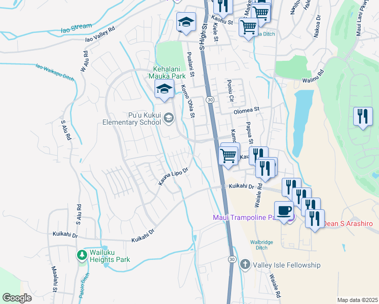 map of restaurants, bars, coffee shops, grocery stores, and more near 11 Kamauhalii Way in Wailuku
