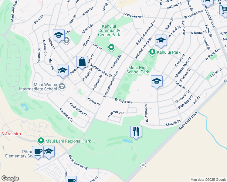 map of restaurants, bars, coffee shops, grocery stores, and more near 610 Molokai Hema Street in Kahului