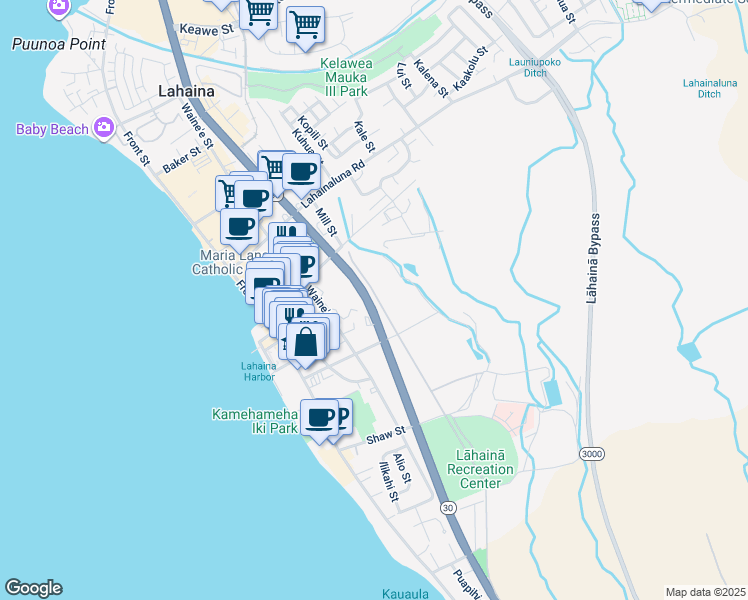 map of restaurants, bars, coffee shops, grocery stores, and more near 0 Hawaii 30 in Wailuku