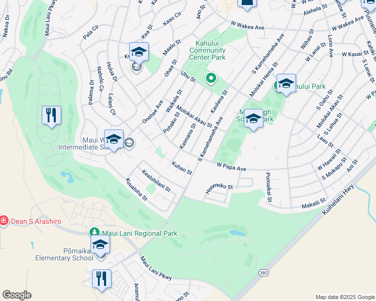 map of restaurants, bars, coffee shops, grocery stores, and more near 611 South Papa Avenue in Kahului