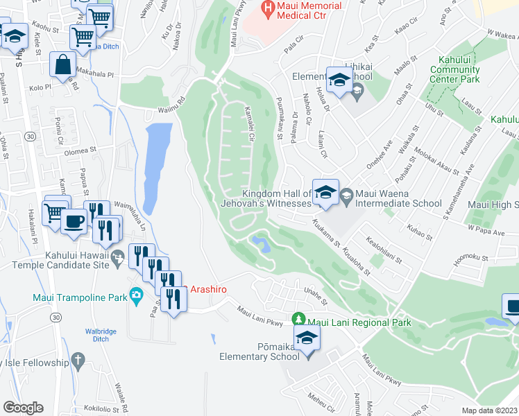 map of restaurants, bars, coffee shops, grocery stores, and more near 29 Kamaiki Circle in Kahului