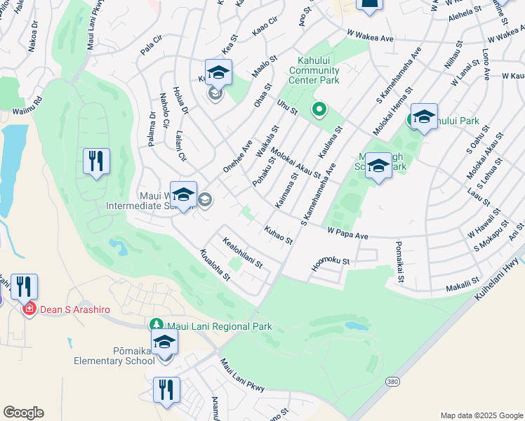 map of restaurants, bars, coffee shops, grocery stores, and more near 641 Huali Way in Kahului